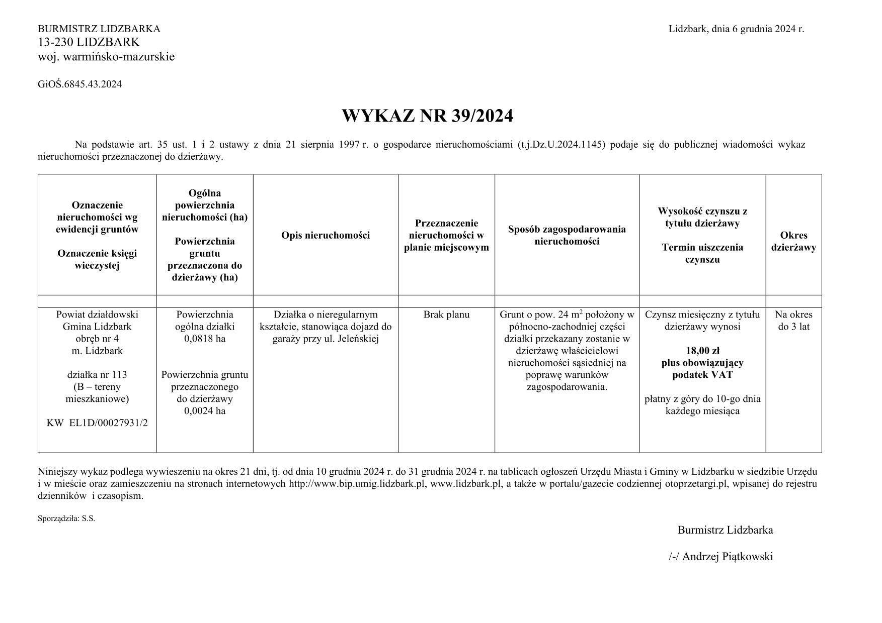 Wykaz Nr 39/2024 - Nieruchomość gruntowa do dzierżawy - obr. 4 m. Lidzbark dz. nr 113